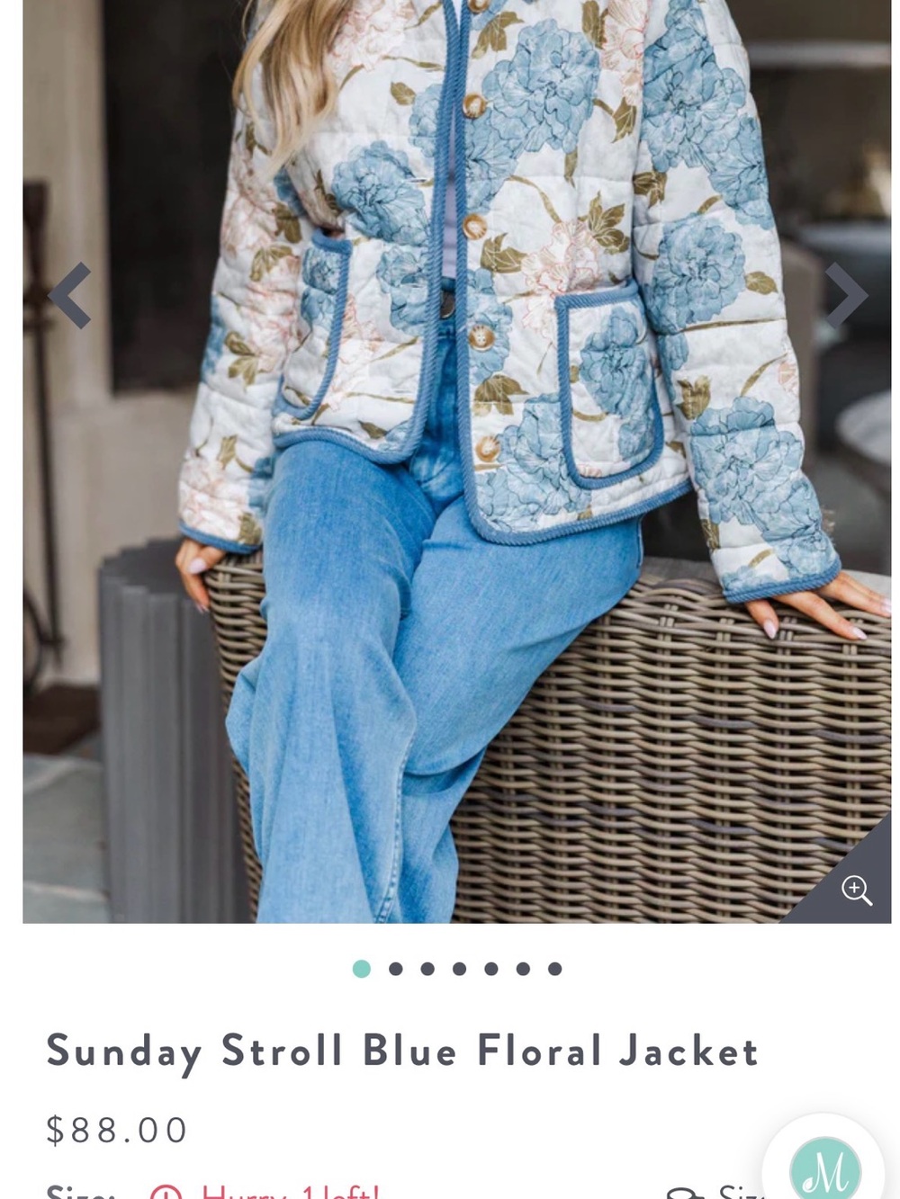 entro Blue Floral Quilted Jacket with Piped Trim